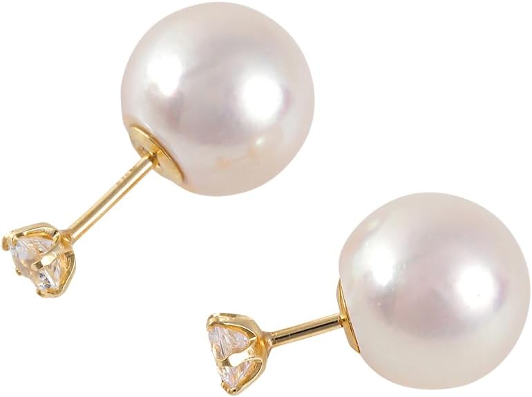 Japanese 8.0mm Akoya Cultured Pearl Earrings Black with White Sapphire for Women with 18K Yellow Gold | Stylish Design Excellent Gift | Pearl Earrings