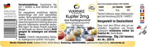 Kupfer 2mg aus Kupfergluconat - 100 Tabletten - vegan | Warnke Vitalstoffe - Deutsche Apothekenqualität