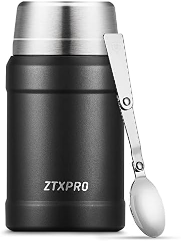 ZTXPRO Food Flasks for Hot Food 800ml, Stainless Steel Thermal Soup Container with Folding Spoon for Adult - Carbon Black
