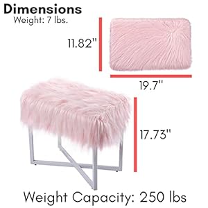 Birdrock home rectangular faux fur vanity stool ottoman wwhite metal legs small fluffy makeup seat cute foot rest for bedroom desk or dressing table compact chair for girls dorm room pink  urban country home decor