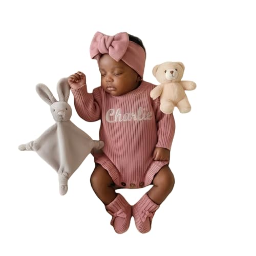 Personalized Baby Romper with Hat Headband and Booties, Straight or Ruffle Knit Sweater, Embroidered Name Coming Home Outfit,Gender Neutral Gift