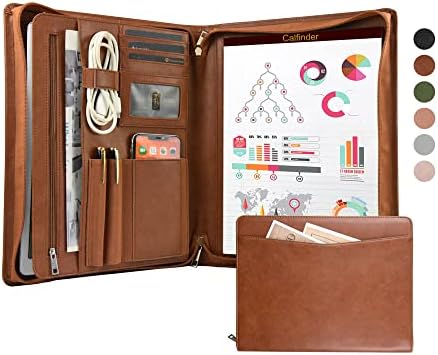 Calfinder Vegan Leather Portfolio, Padfolio with Zipper, Professional Business Portfolio with A4 Writing Pad Holder for Resume, Interview, Brown Leather Portfolio for Men & Lady, Brown, Standard
