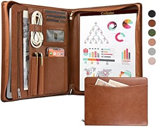 Calfinder Vegan Leather Portfolio, Padfolio with Zipper, Professional Business Portfolio with A4 Writing Pad Holder for Resume, Interview, Brown Leather Portfolio for Men & Lady, Brown, Standard