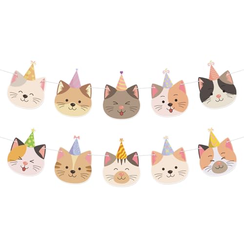 Image of Cat Birthday Banner for Cat Birthday Party Decorations Funny Cats Face Banner Garlands Sign for Kids Girls Boys Party Supplies