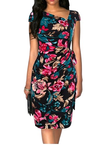 Image of Women's Vintage Cap Sleeves Asymmetrical Neckline Sheath Bodycon Casual Work Cocktail Party Pencil Faux Wrap Dresses