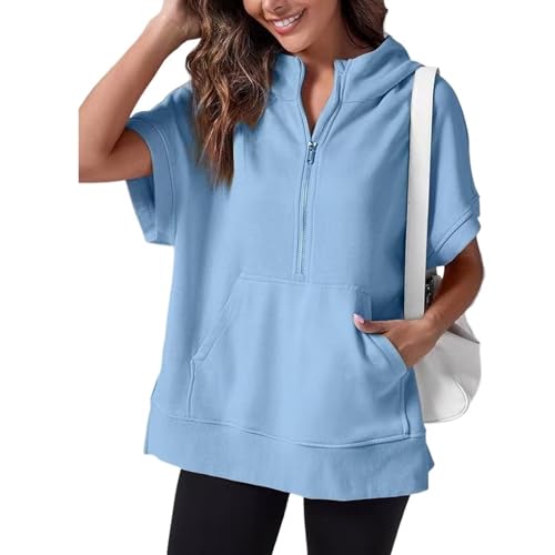 Hoodie demi-zip manches courtes femme avec poches pour un look cosy