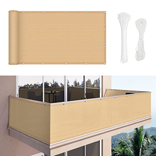 Duerer Brise Vue pour Balcon 75 x 300cm Couverture de confidentialité 180g/m² HDPE Tissu Protection UV Écran Contre Vents pour Jardin Terrasse Extérieur avec Attaches de Câble et Cordons, Sable