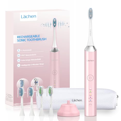 Lächen Cepillo de dientes eléctrico, 5 modos, cepillo de dientes eléctrico sónico con estuche de viaje, 4 cabezales, temporizador de 2 minutos, carga USB para 60 días, IPX7, resistente al agua, color