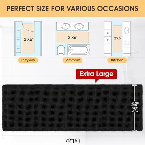 Extra Large Waffle Bath Mat Black 6'x2'(72" x 24"), Boho Woven Modern Bath Mat Rugs, Absorbent Non Slip Bathroom Rugs, Soft Washable Bath Rugs with Tassels for Bathroom, Bedroom, Kitchen, Shower, Tub by IM HOME - Image 2