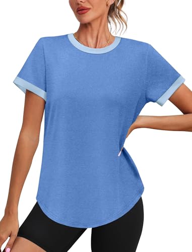 Image of Womens Workout Tops Summer Short Sleeve Shirts Athletic Color Block Gym Clothes Outfits Sun Protection UPF 50+ T Shirts