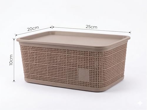 Image of SKI Vogue H1 Multipurpose Storage /Organiser Basket with Lid for Fruits, Toys, Books, Stationery, Cosmetics | Organise Kitchen, Wardrobe, counter-tops - 3 Pcs Set Brown (Small)