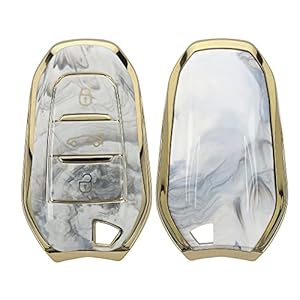 kwmobile autosleutelhoes compatibel met Peugeot Citroen 3-knops Smartkey autosleutel (alleen Keyless Go) – TPU beschermhoes – Marmer – goud/wit/grijs