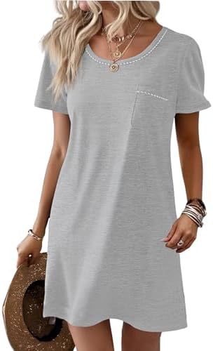 Ekouaer Womens Nightgown Cotton Nightshirts Short Sleeve Sleep Shirt with Chest Pocket Crewneck Nightdress S-XXL