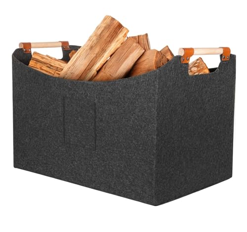 LINSOCLE Panier Bois Cheminée, Sac de Transport en Feutre pour Bois de Chauffage 55x32x40 cm - Doux 4mm, Anti-Rayures, Poignées Simili Cuir, Pliable Rangement Interieur