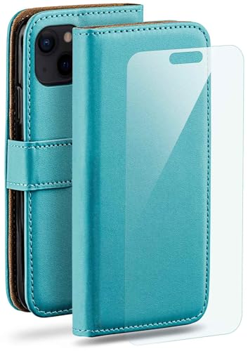 Étui iPhone 15 Plus moex en cuir synthétique turquoise avec porte-cartes et film