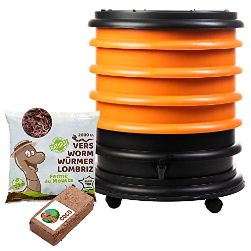 WORMbox | Wormery Worm Farm composter 4 Orange Trays + 1kg of Compost Worms / 2000 ctn + 1 Coco | 64 liters | Organic Waste Compost, make your Worm Castings