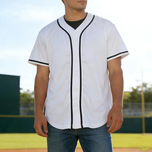 Camiseta de béisbol blanca lisa, de manga corta casual con botones miniatura 1