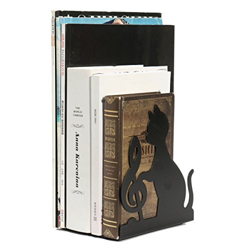 Xiaolanwelc 1 Pair Metal Book Cat Bookend Holder Iron Cute Animal Music Themed Black Cat Playing Violin Bookend - Thumbnail 2