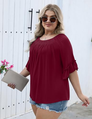 Image of Micoson Womens Plus Size Tops 3 /4 Ruffle Sleeve Crewneck Pleated Shirts