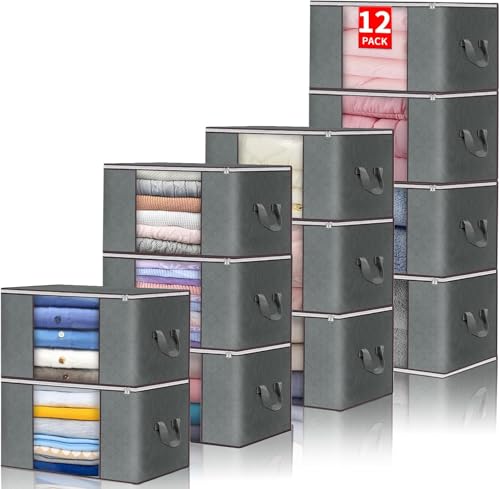 布団収納袋 衣類収納ケース 12個セット 50×35×20cm 大容量 収納ボックス 不織布 押し入れ収納 折りたたみ式 取っ手付き 通気性 良い 衣装ケース clothes storage 深灰色 (グレー, S-12枚組)