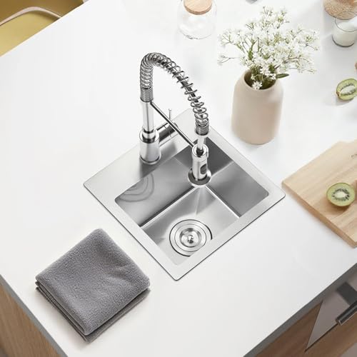 15 Inch Drop In Bar Sink, 15x15 Inch Topmount RV Small Kitchen Sink, 16 Gauge Handmade 304 Stainless Steel Bar Sinks, Outdoor Single Bowl Sinks with Strainer, Towel, Telescopic Basket by CXUNFHCL - Image 6