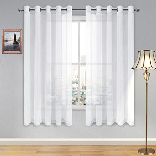 DWCN White Sheer Curtains Linen Look Semi Transparent Voile Grommet