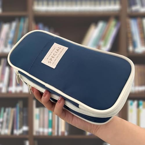 Image of EASTHILL Canvas Big Capacity Pencil Pen Case Office College School Large Storage High Capacity Bag Pouch Holder Box Organizer Dark Blue