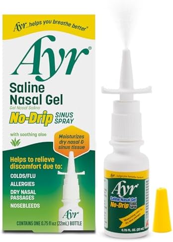 Ayr Saline Nasal Gel No-Drip Sinus Spray With Soothing Aloe Vera, 0.75 Ounce Spray Bottle