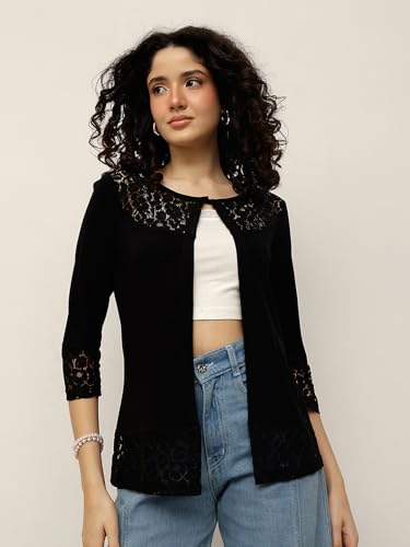 Image of ESPRESSO Women 95% Viscose 5% Spandex 3 /4th Sleeve Designer Lace Front Open Shrug