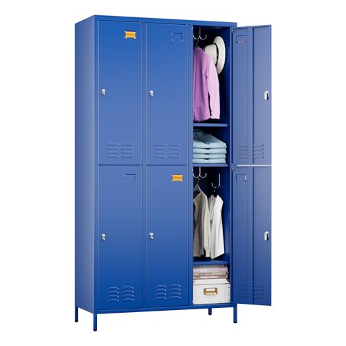 METAN 6 Doors Metal Locker for Employees with 18 Hooks and Business Card Holder,Metal Locker with Ventilation Holes for School Garage Office Gym Home,Assembly Required,Blue