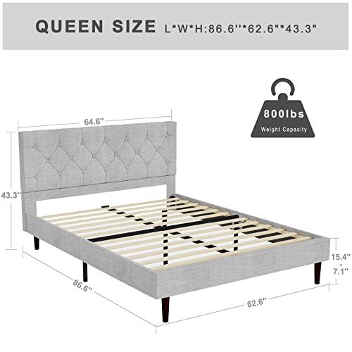 Yegee Upholstered Platform Bed Frame Wood Slat Support No Box Spring Needed Deep Button Tufting Headboard Solid Wood Foot (Grey, Queen) #TOP1