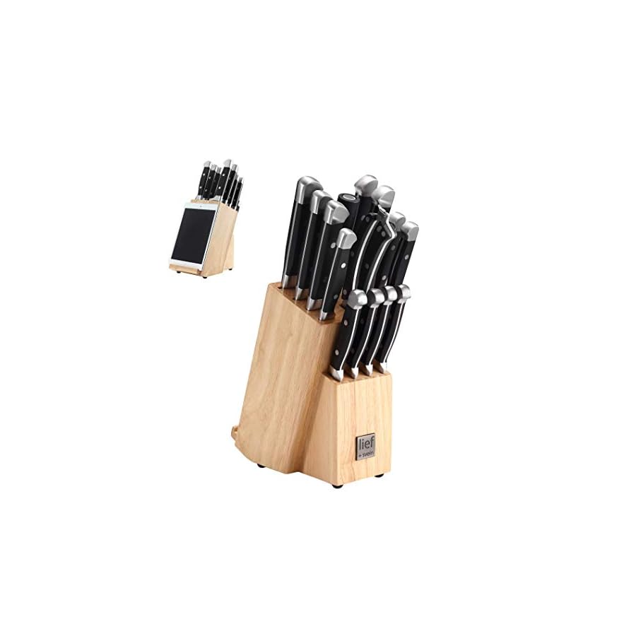 LIEF+SVEIN Brand German Steel Knife Block Set, 15-Piece Kitchen Knife Sets. German Stainless 1.4116 Steel. Unique Kitchen Knives Set with Ipad Holder. Ideal knife set with block and sharpener.