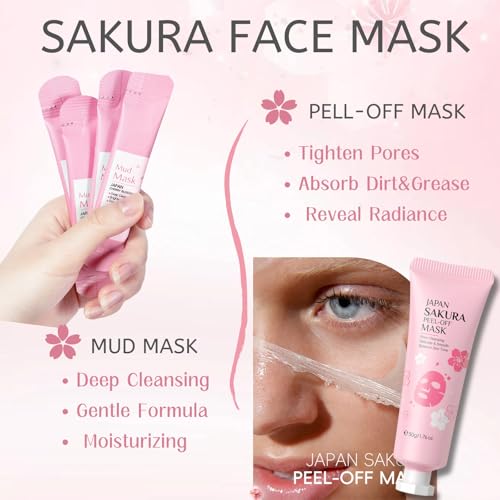 Evolvique Skincare Kit Sakura Teen Girls Gifts - Skin Care Set Travel Size Toiletries - Sakura Skin Care for Teens 10-12 Hydrating - Teen Facial Kit Gift Set for Women with Bunny Headband（11PCS）