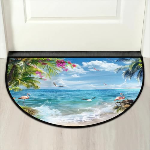 Image of Half Round Doormat Summer Flamingo Bird Flowers Non Slip Half Circle Area Rugs Indoor Washable Half Moon Rug Semi Circle Bathroom Runner Mat Entrance Floor Carpet for Kithen Bedroom Fireplace Decor