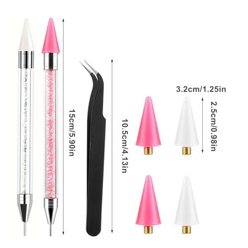 SinChic Dotting Stylo Selecteur,2 PCS Stylo à Ongles Strass Outil Nail Art de Sélection de Strass Stylo de Forage avec Têtes de Cire et Pincettes Crayons Strass à Double Extrémité Rose + Blanc Pen – vue 7