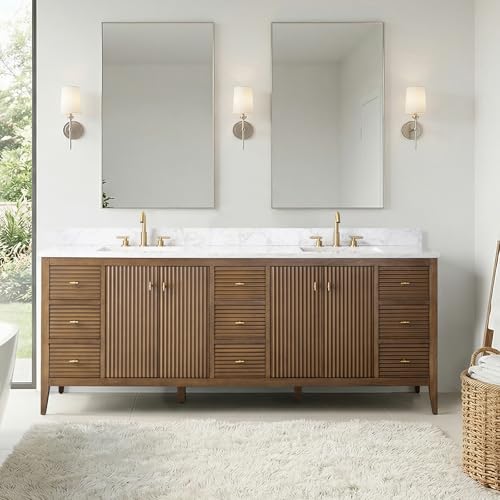 Vanity Art 84 inch Bathroom Vanity with Double Sink & Ceramic Top, Vanity Cabinet with Soft-Closing Door, Solid Wood Frame, Linear Pattern, Walnut, Golden Brushed Handware,Walnut