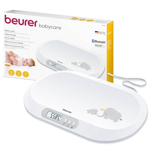 Beurer BY 90 Balança para bebés com aplicação (iOS Android) fita métrica integrada, capacidade de carga de 20 kg e função de retenção para bebés que dão pontapés