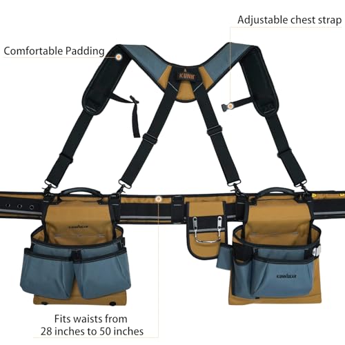 KUNN Carpenter Tool Belt with Suspenders Pro Framer Suspension Tool Rig for Construction Contractors and Electrician,Khaki - Thumbnail 2