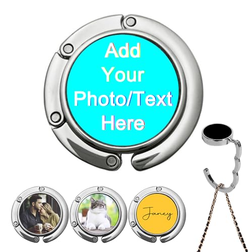 EXYLANOR Customized Bag Hook for Table Personalized Handbag Hangers Design Your Own with Image Logo Name Custom Purse Hooks Foldable Gift for Women Friend, Cyan