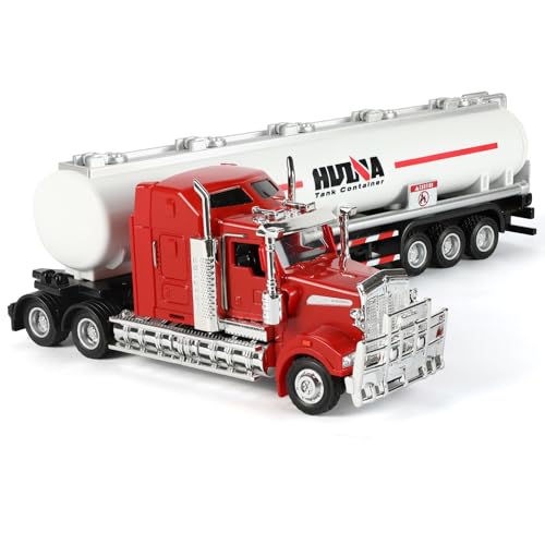 SHINESIGNAL Semi Truck Toy with Oil Tanker Trailer, 1/50 Scale for Kenworth W900 Diecast Model Trucks, Alloy Metal Semi Truck and Trailer Gifts for Boys Adult Model Car Collector -Redwhite