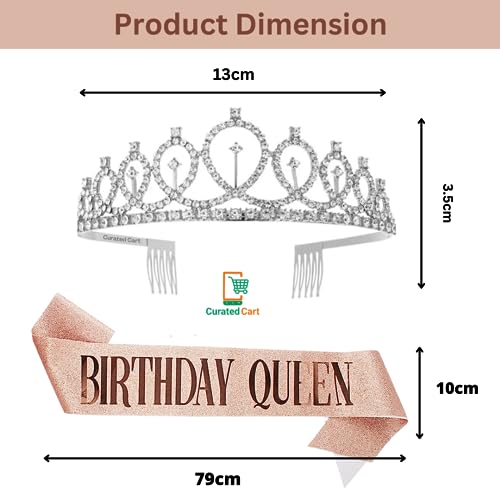 Image of Curated Cart Silver Crystal Crown for Women and Girls - Elegant Sparkling Tiara with Rose Gold Glitter Birthday Queen Sash, Perfect for Birthday Parties, Bridal Showers, and Special Occasions