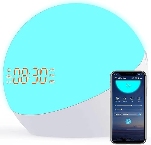 CJOOMYKP Alarm Clock for Kids Smart Clock Sunrise Wake Up Light with Bluetooth Speaker,4 Alarms,Snooze,Night Light for Bedrooms BLE APP Control(NOT WiFi)