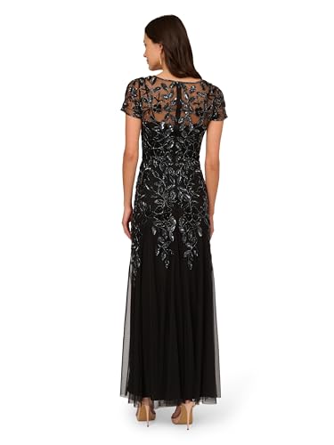Image of Adrianna Papell Women's Beaded Gown with Godets - Floor Length Gown with Floral Embellishments & Cap Sleeves