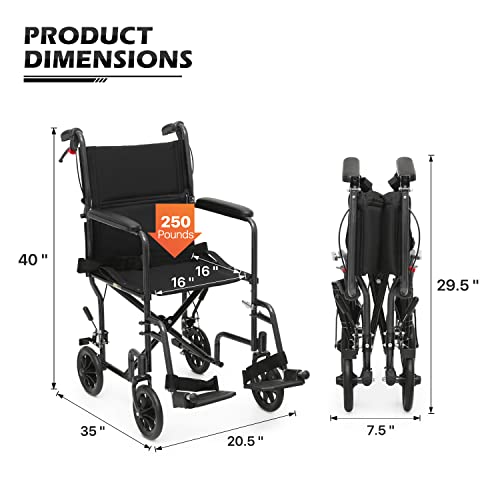 Monibloom Wheelchairs For Adults 16 Inch Seat Folding Compact Transport Chair With Loop-Lock Handbrakes And Back Folds Down Foldable Lightweight Wheel Chair For Storage, 250 Lbs Capacity, Black #TOP1