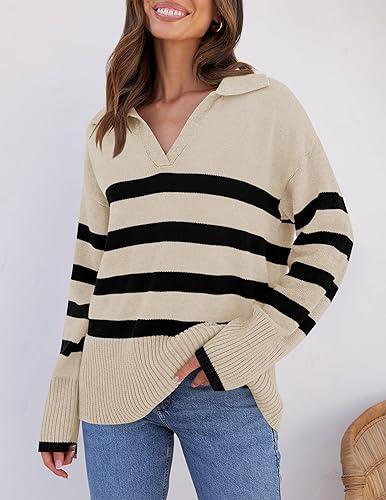 ZESICA Women's 2025 Fall Winter Sweaters Lapel V Neck Long Sleeve Striped Chunky Knit Oversized Pullover Sweater Jumper Tops2