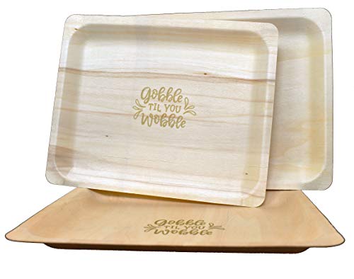 Perfect Stix - 10" Wood Plate "Gobble Til You Wobble" - 10" Disposable Wooden Plates With Thanksgiving Theme Print"Gobble Til You Wobble"- Pack Of 25Ct, Gobble Plates #TOP1