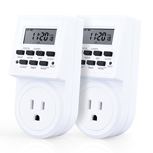 Techbee 7-Day Programmable Digital Countdown Timer Switch with 3-Prong Plug and Outlet, Set of 2