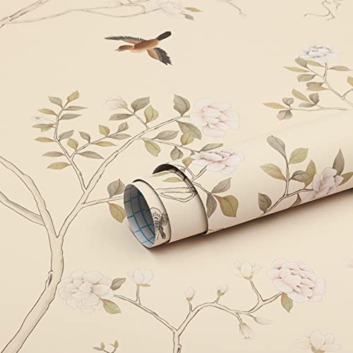 Hopepak 15.3''X118'' Floral Wallpaper Peel And Stick Wallpaper Light Yellow/Pink Floral Contact Paper Boho Removable Self Adhesive Floral Bird Wall Paper For Bedroom Wall Mural #TOP3