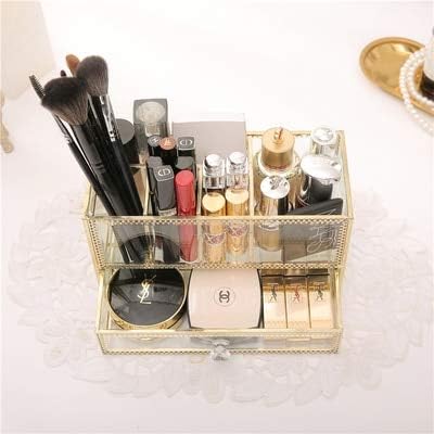 European-Style Drawer Storage Box Glass Copper Edge Lipstick Box Blush Eyebrow Pencil Painting Retro Desktop Storage Box – (Color: gold)