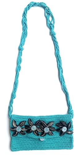 Bolsa de ombro UPCYCLING - 100% Algodão e tampinhas recicladas, fibra de banana, Bolsa de Ombro Artesanal do Brasil, Bolsa Estética Hippie, Design de Crochê Feminino, Moda Artesanal (turquesa)